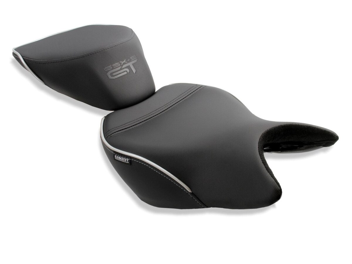 Sargent's World Sport 2-pc motorcycle seats for the Suzuki GSX-S 1000GT and Suzuki GSX-S 1000GX with Performance Plus motorcycle seat cover and silver welt and the GT logo.